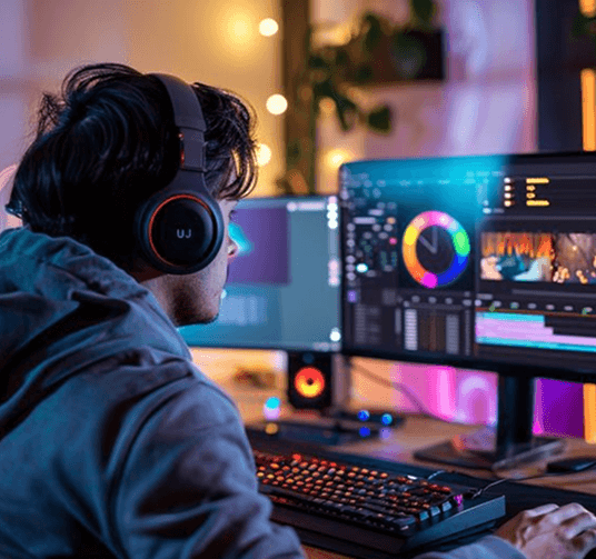 Developer at a multi-screen setup