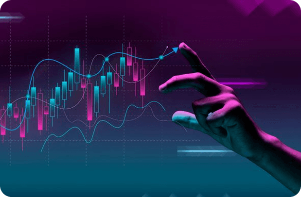 Image: Hand interacting with a futuristic financial graph, vibrant teal and magenta lines on dark background.