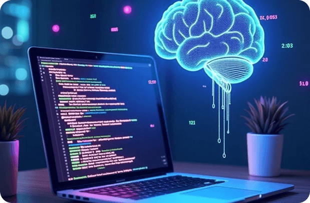 Image: Laptop displaying code, with a glowing, stylized brain emerging from the screen, set against a dark, techy background.